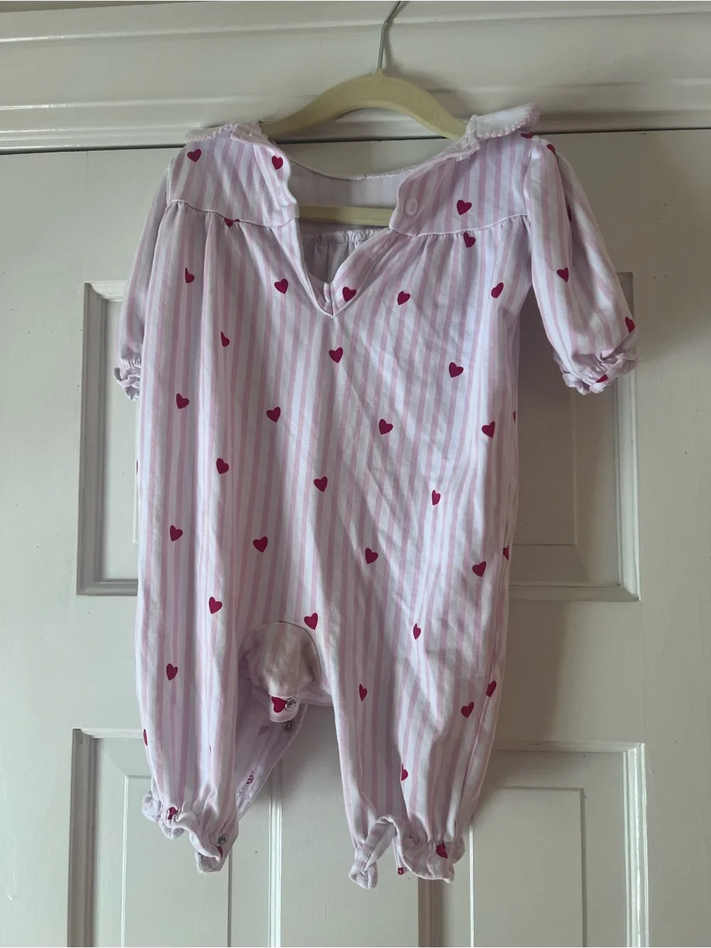 Embroidered “Claire” Heart Print Pink Striped Baby One-Piece